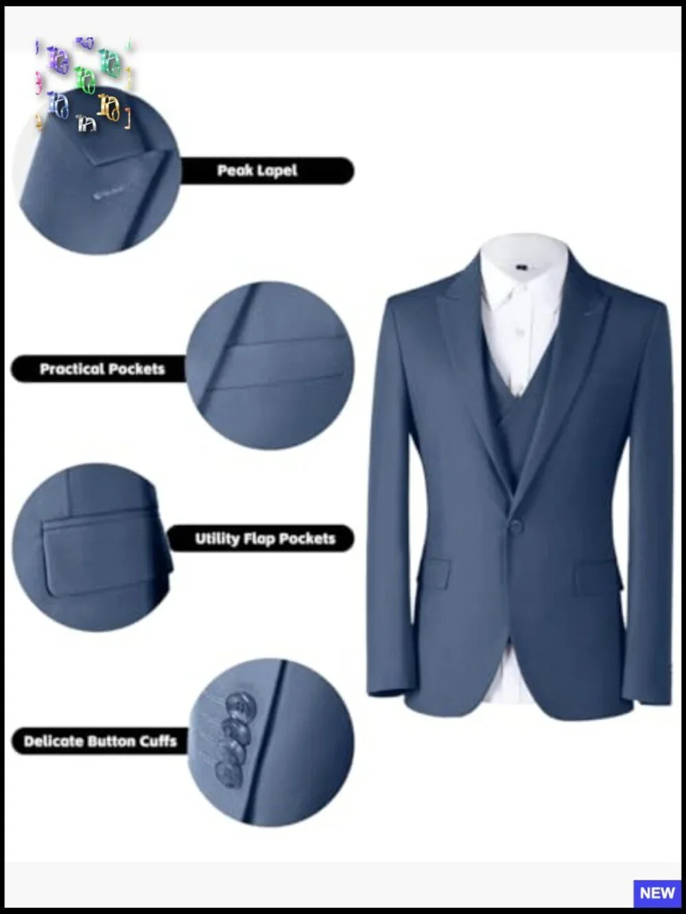 Slim Fit 3-Piece Suit Set Double Breasted Blazer Vest Pants Business Formal